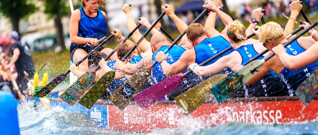 Die Teams paddeln beim Drachenbootfestival auf dem Pfaffenteich wieder um die schnellste Zeit