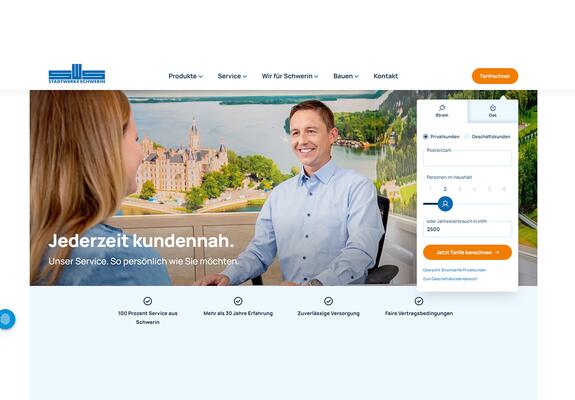 Nutzer finden auf der überarbeiteten Website der Stadtwerke Schwerin alle Infos rund um Strom, Gas, Wärme, Wasser und Glasfaser – modern und nutzerfreundlich aufbereitet.