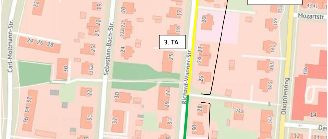 Die Richard-Wagner-Straße wird ab Montag in mehreren Teilabschnitten instandgesetzt, beginnend mit den Hausnummern 44 bis 38a, Grafik: SDS