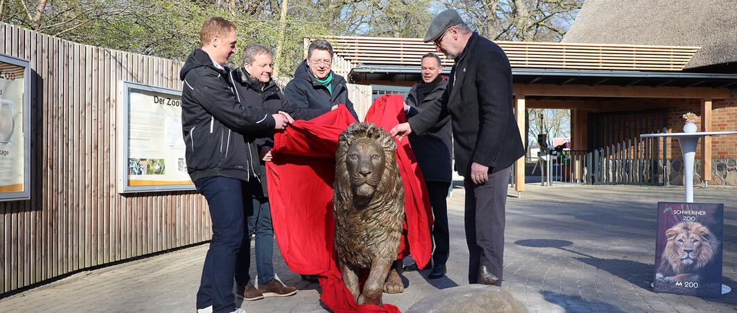 Die 250 Kilogramm schwere Statue vor dem Eingang des Schweriner Zoos ist ein Abbild des Löwenkaters „Shapur“, der hier heimisch ist. Im April wurde sie feierlich enthüllt.