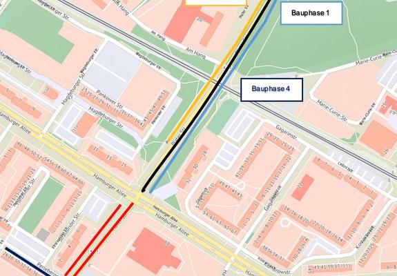 Die schwarze Linie (Fahrtrichtung Hamburger Allee) kennzeichnet den Bereich der Arbeiten in der Plater Straße und den dadurch gesperrten Bereich, Quelle: GAIA-MV