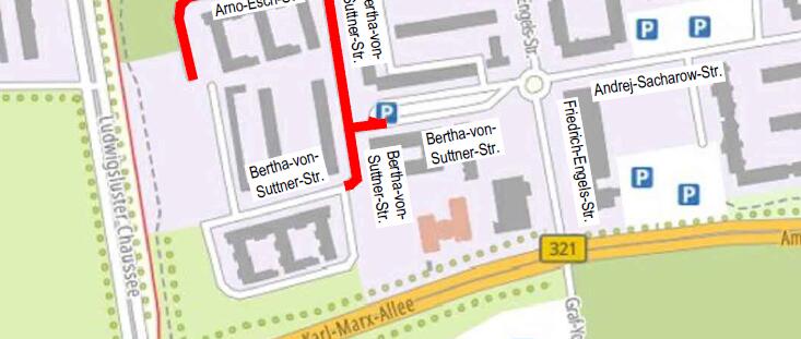Blick auf die betroffenen Bereiche in der Arno-Esch- und der Bertha-von-Suttner-Straße, Quelle: GeoBasis-De/M-V