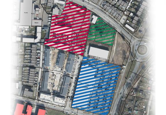 Rote Fläche: Ein neuer B-Plan der Stadt sieht den Bau eines neuen Einkaufszentrums vor. Blaue Fläche: Die Erweiterungsmöglichkeiten des Hanse-Centers, Grafik: GeoPortal.MV/maxpress